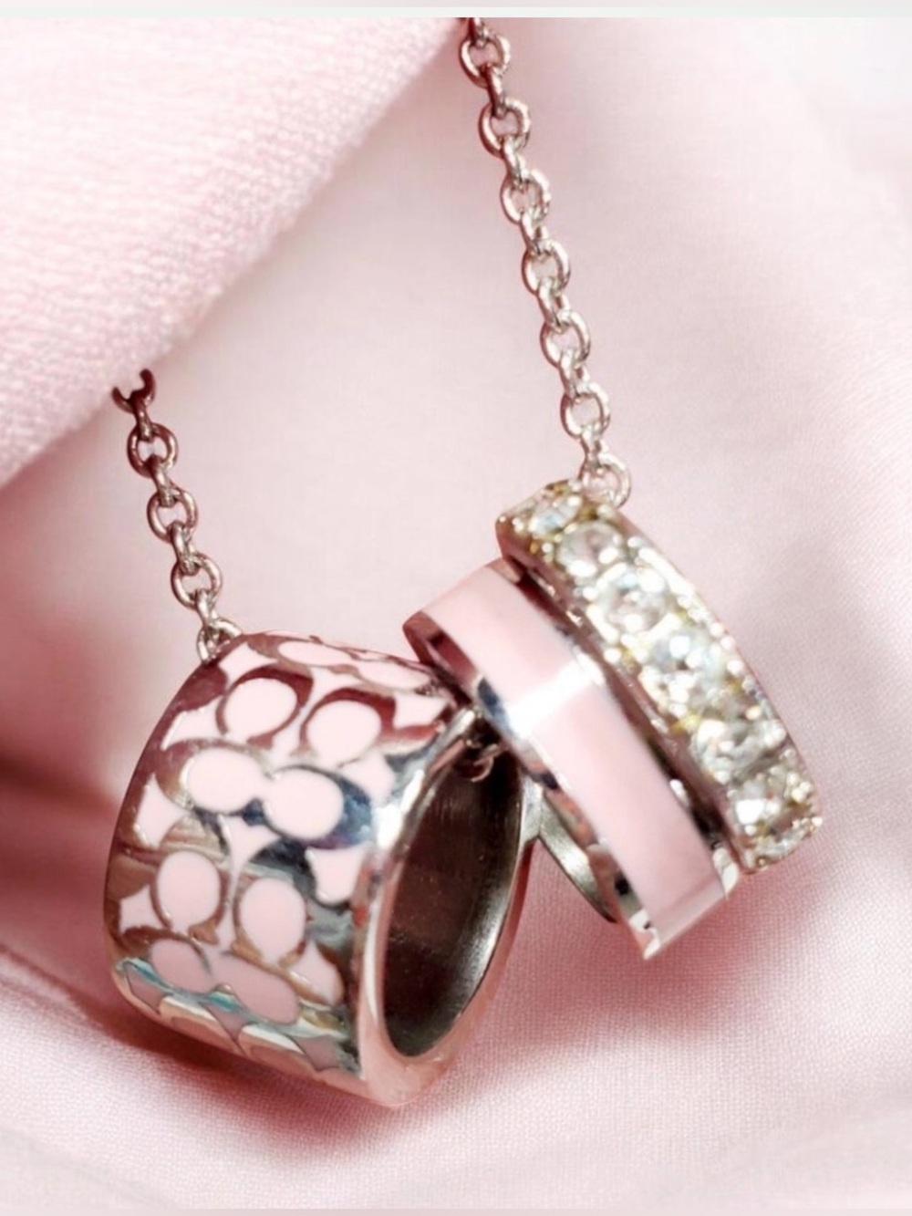 New Coach Pink Signature C Charm Rondell 3 Ring Necklace Silver Tone/Pink Enamel
